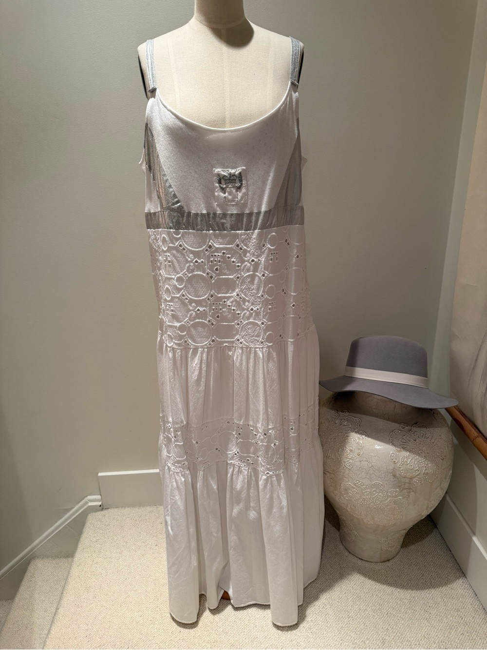 White Eyelet Lace Slip Dress with Silver Trim